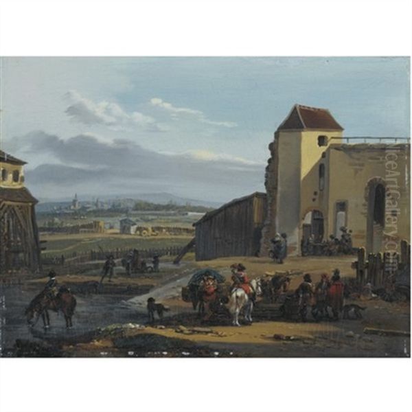 Travellers Resting Before The Fortifications Of A Distant City Oil Painting by Claude Michel Hamon Duplessis