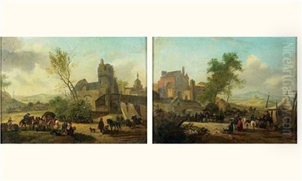 Scene De Campement Devant Un Village Fortifie (+ Another, Similar; Pair) Oil Painting by Claude Michel Hamon Duplessis