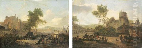 An Extensive Landscape With Peasants And Travellers By A Tent (+ An Extensive Landscape With Peasants And Travellers, A Town Beyond; Pair) Oil Painting by Claude Michel Hamon Duplessis