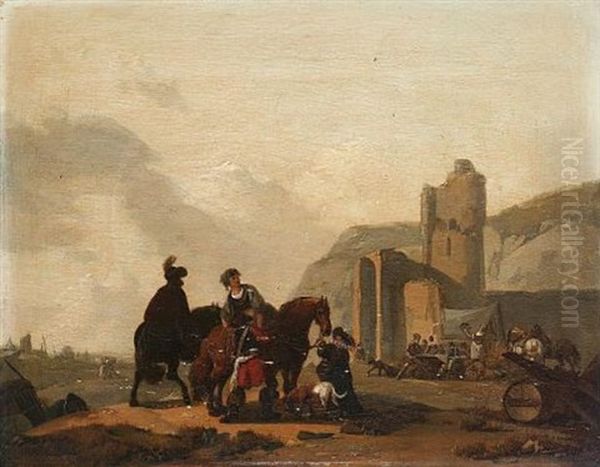 Travellers Approaching A Military Encampment Beside A Ruined Castle Oil Painting by Claude Michel Hamon Duplessis