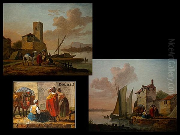 Kustenlandschaft Mit Architektur, Figurenstaffage Und Schiff (+ Another Similar; Pair) Oil Painting by Claude Michel Hamon Duplessis