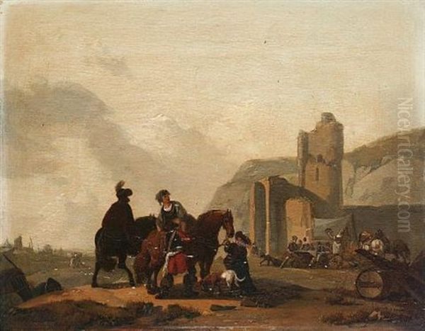 Travellers Approaching A Military Encampment Beside A Ruined Castle by Claude Michel Hamon Duplessis