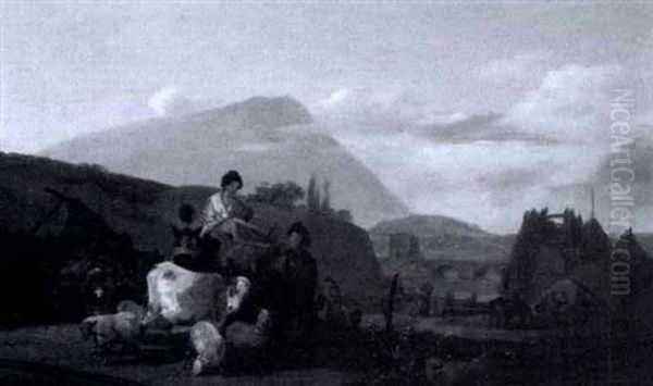 Travelers With Cow And Sheep In A Landscape Oil Painting by Claude Michel Hamon Duplessis