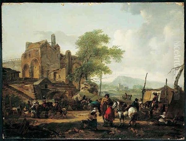 Scene De Campement Militaire Devant L'entree D'un Village Oil Painting by Claude Michel Hamon Duplessis