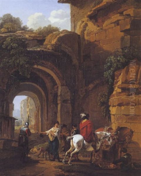 Paysannes Et Militaires Dans Un Paysage De Ruines Oil Painting by Claude Michel Hamon Duplessis