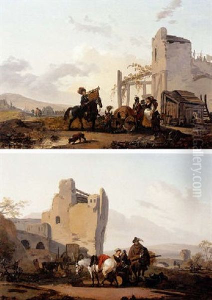 Une Halte De Cavaliers Devant Des Ruines Oil Painting by Claude Michel Hamon Duplessis