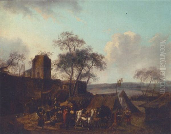 A Military Encampment Before A Walled Town Oil Painting by Claude Michel Hamon Duplessis