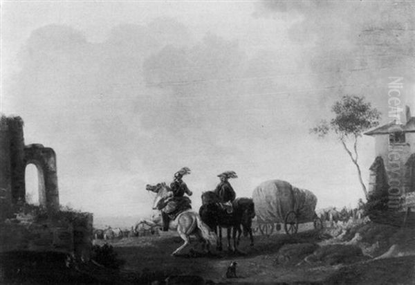 A Soldier Encountering A Cavalcade In An Italianate Landscape Oil Painting by Claude Michel Hamon Duplessis