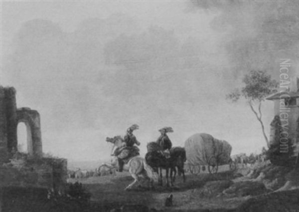 A Soldier Encountering A Cavalcade In An Italianate Landscape Oil Painting by Claude Michel Hamon Duplessis