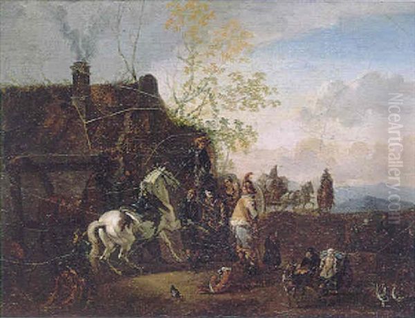 A Gentleman Rider Stopping To Have His Horse Reshoed At A Blacksmiths, An Italianate Landscape Beyond Oil Painting by Claude Michel Hamon Duplessis