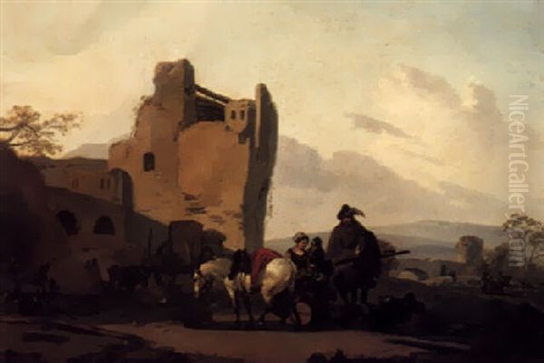 Soldiers And Peasants Conversing By Some Ruins With A Man Lying On The Ground Oil Painting by Claude Michel Hamon Duplessis