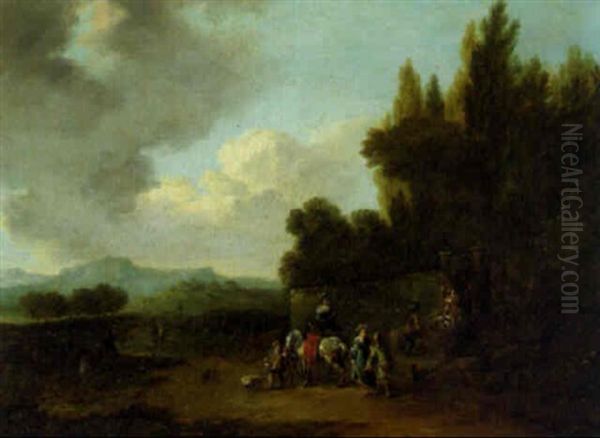 A Hunting Party Meeting By A Gateway Oil Painting by Claude Michel Hamon Duplessis