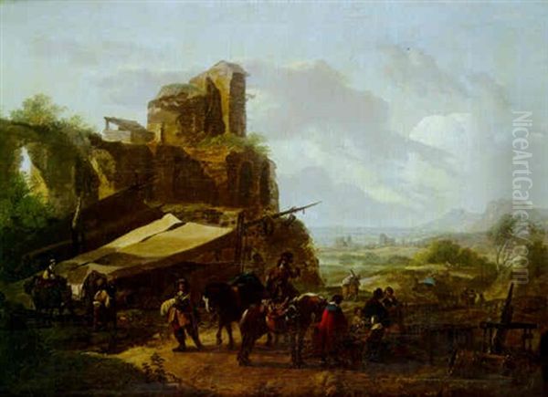 Halte De Cavaliers Aux Abords D'une Forteresse En Ruine Oil Painting by Claude Michel Hamon Duplessis