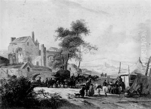 Scene De Campement Militaire Devant Un Village Oil Painting by Claude Michel Hamon Duplessis