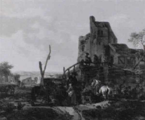 Une Halte De Cavaliers Devant Les Ruines D'une Forteresse Oil Painting by Claude Michel Hamon Duplessis