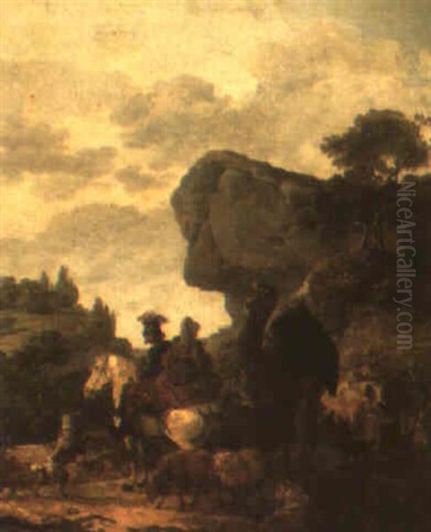 Travellers With Camels In A Rocky Landscape Oil Painting by Claude Michel Hamon Duplessis