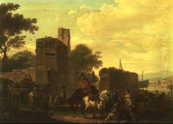 Travellers Stopped At A Port With Washerwomen Oil Painting by Claude Michel Hamon Duplessis