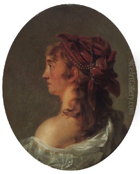 Portrait Of A Young Girl Wearing A White Dress And A Red Headdress With Pearls Oil Painting by Joseph-Siffred Duplessis