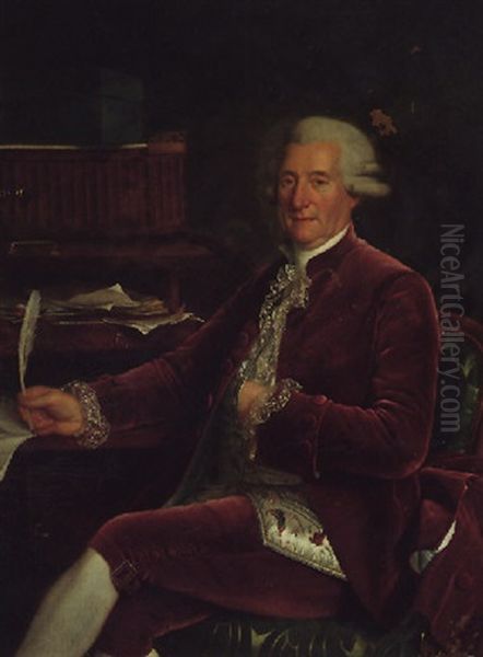 Portrait Of A Gentleman Seated At His Desk, Wearing A Crimson Velvet Suit, With An Embroidered Waistcoat Oil Painting by Joseph-Siffred Duplessis