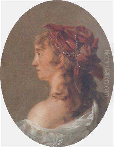 Portrait Of A Young Girl Wearing A White Dress And A Red Head Dress With Pearls Oil Painting by Joseph-Siffred Duplessis