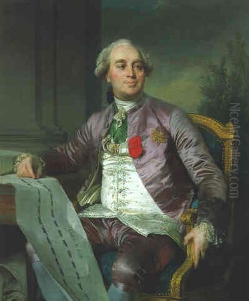 Portrait Of Charles-claude De Flahaut De La Billarderie, Comte D'angiviller, Seated Three-quarter Length With His Hand Resting On Plans Of The Grande Galerie Du Louve Oil Painting by Joseph-Siffred Duplessis