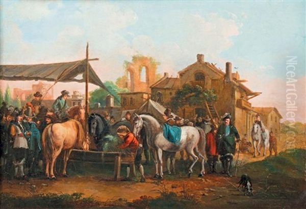 Cavaliers Nourrissant Leurs Chevaux Oil Painting by Jean Duplessis-Bertaux