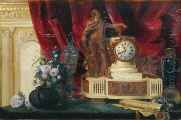 Nature Morte A La Pendule Et Vase De Sevres Oil Painting by Francois-Leonard Dupont