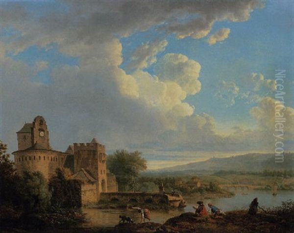 An Extensive River Landscape With A Castle, An Artist Sketching On The Bank In The Foreground Oil Painting by Francois-Leonard Dupont