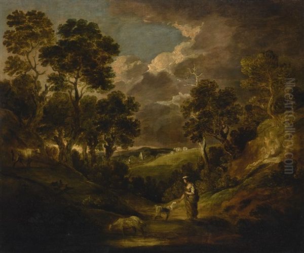 A Wooded Landscape With A Peasant Girl Feeding A Dog, With A Goat, Cows And Sheep On A Distant Hillside Oil Painting by Gainsborough Dupont