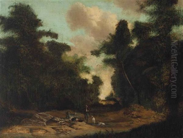 Figures With A Dog In A Wooded Landscape Oil Painting by Gainsborough Dupont