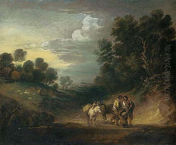 A Wooded Landscape With Figures In The Foreground Shovelling Sand, With Donkeys, A Shepherd And Sheep Beyond: The Sand-getters Oil Painting by Gainsborough Dupont