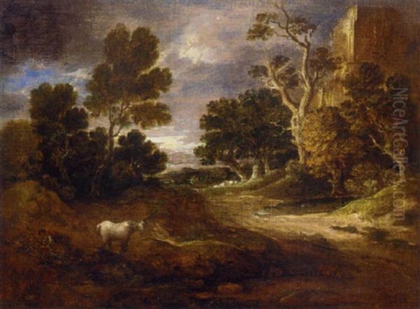 A Wooded Landscape With A Ruined Tower, Woodcutter, Horse And Sheep Oil Painting by Gainsborough Dupont