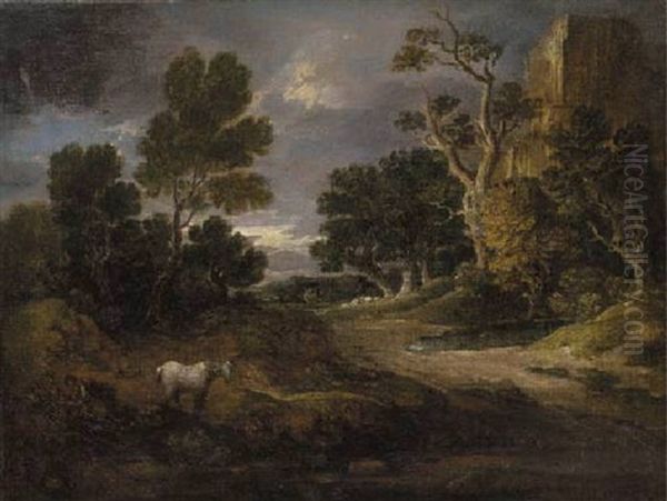 Wooded Landscape With A Ruined Tower, Woodcutter, Horse And Sheep Oil Painting by Gainsborough Dupont