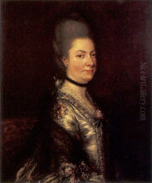 Portrait Of A Lady In A Grey Dress Decorated With A Flower, A Black Embroidered Veil Around Her Shoulder (sarah Hankey?) Oil Painting by Gainsborough Dupont