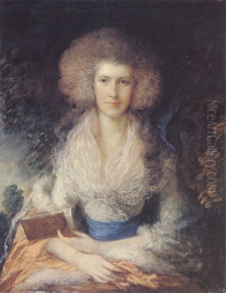 Portrait Of A Lady Wearing A White Gown With Blue Sash, Holding A Book Oil Painting by Gainsborough Dupont