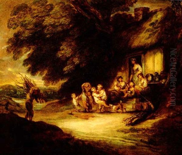 Cottage Door With Mothers Tending Their Children At Play Oil Painting by Gainsborough Dupont