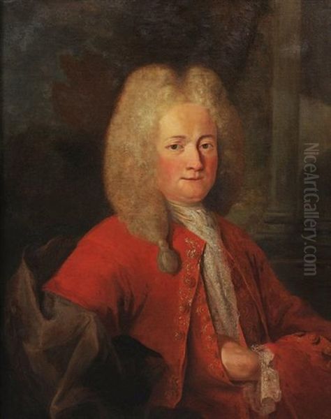 Portrait D'homme De Trois-quart En Veste Rouge Et Cravate De Dentelle, Coiffe D'une Perruque by Claude Dupouch