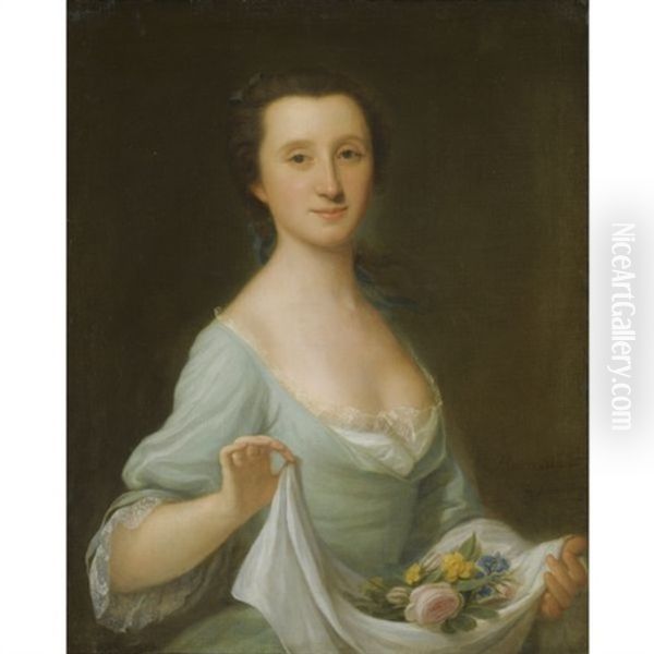 Portrait Of A Lady, Half Length, Holding A Cloth With Flowers Oil Painting by Giorgio Domenico Dupra