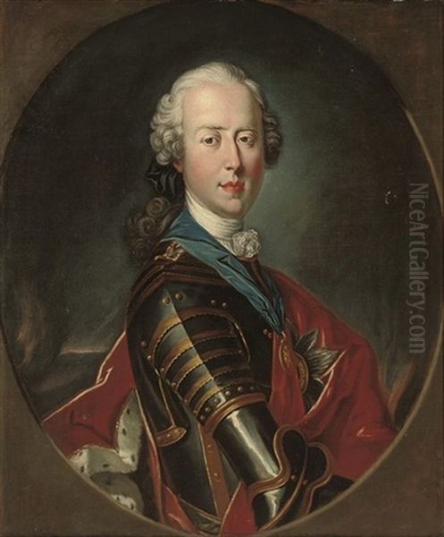 Portrait Of Prince Charles Edward Stuart (1720-1788), Half-length, In Armour With An Ermine-lined Red Velvet Cloak, Wearing The Garter Sash With The Badge Of The Order Of The Thistle An Oil Painting by Giorgio Domenico Dupra