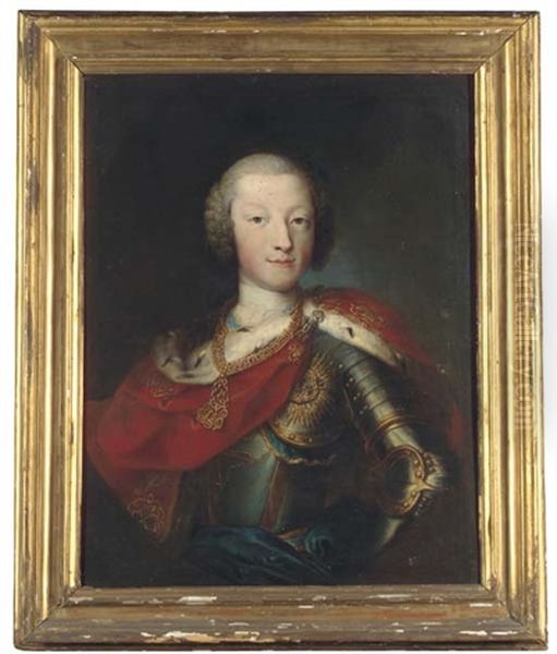 Portrait Of King Vittorio Amedeo Iii Of Sardinia, As A Young Man, Half-length, In Armour With A Red Cloak Trimmed With Ermine Wearing The Order Of Annunziata Oil Painting by Giorgio Domenico Dupra