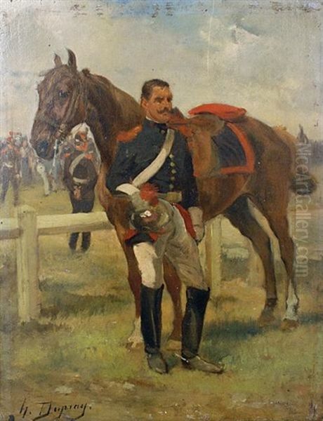 A Cavalry Officer With His Horse Standing Before A Military Encampment Oil Painting by Henri Louis Dupray