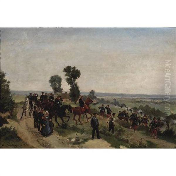 An Extensive Landscape With French Military Maneuvers Oil Painting by Henri Louis Dupray