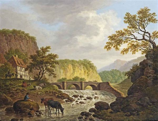 Vue Du Pont De Plauen Pres De Dresde Oil Painting by Daniel Dupre