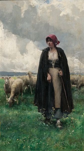 Shepherdess In A Landscape Oil Painting by Julien Dupre