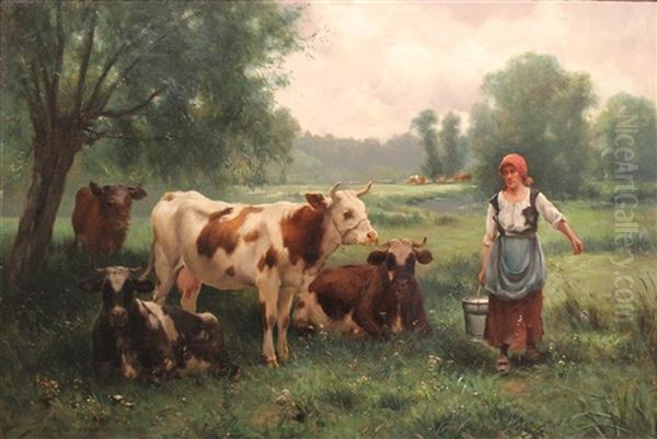 Milk Maid Guarding Her Cattle Oil Painting by Julien Dupre