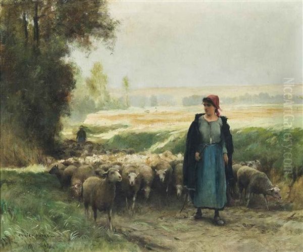 A Shepherd Girl Guiding A Flock Of Sheep Oil Painting by Julien Dupre