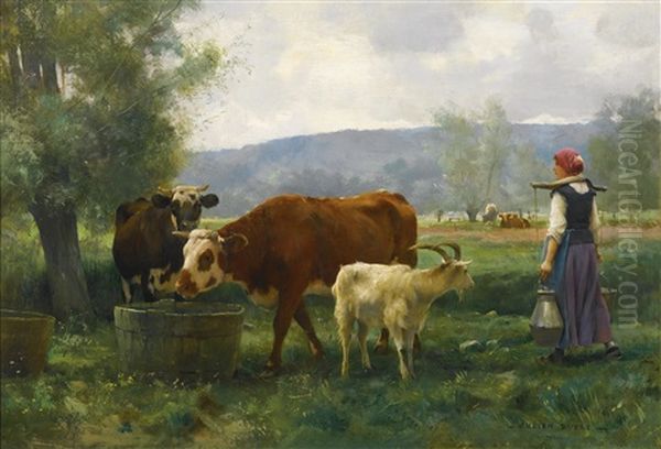 La Jeune Laitiere Avec Son Troupeau Oil Painting by Julien Dupre