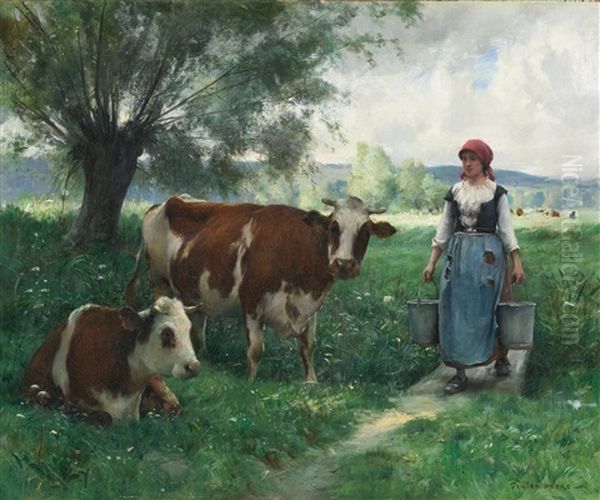 A Milkmaid With Her Cows At Pasture Oil Painting by Julien Dupre