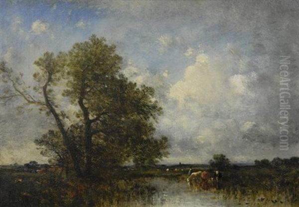 Landscape With Cows By A River Oil Painting by Julien Dupre