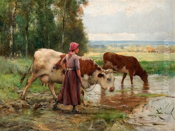 Hirtin Mit Zwei Kuhen An Einer Wasserstelle Oil Painting by Julien Dupre